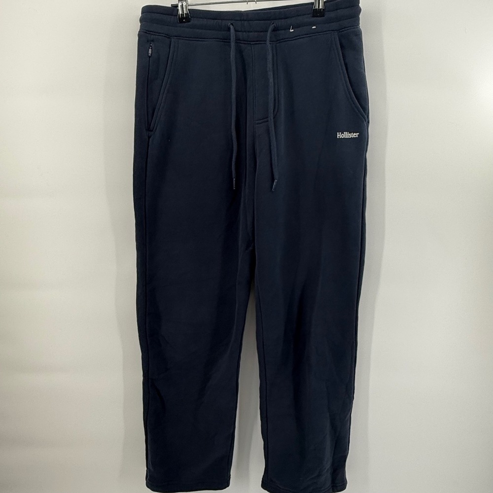 Hollister Mens Navy Blue Fleece Joggers Sweatpants Small Zipper Pocket Navy